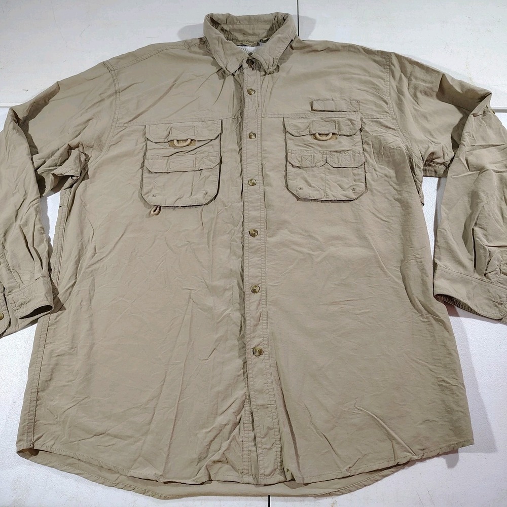 Rugged Earth Fishing Shirt Men XL Tan Roll Tab Sleeve Vents Quick Dry Outdoor